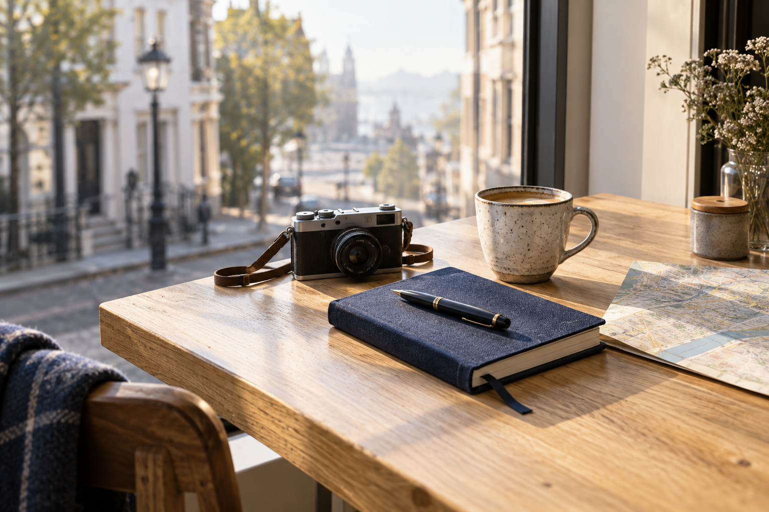 A sunlit cafe table with a journal, camera, coffee, and folded local map